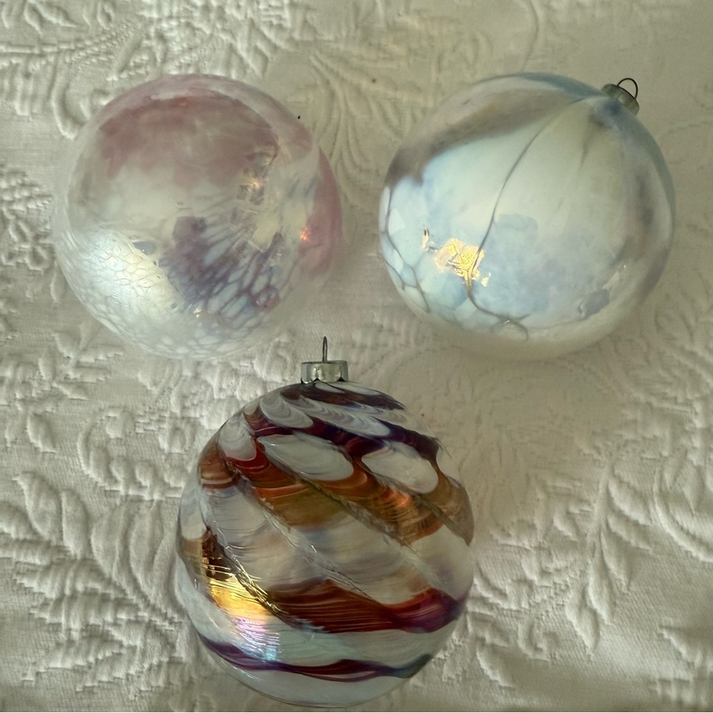 Hand Blown Three Glass Christmas Ornament Balls w/ Vintage Storage Box